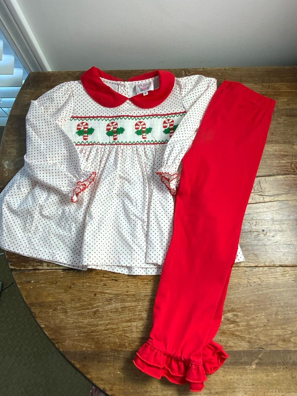 The Smocking Place 2pc Christmas Smocked Candy Cane Outfit size 4T